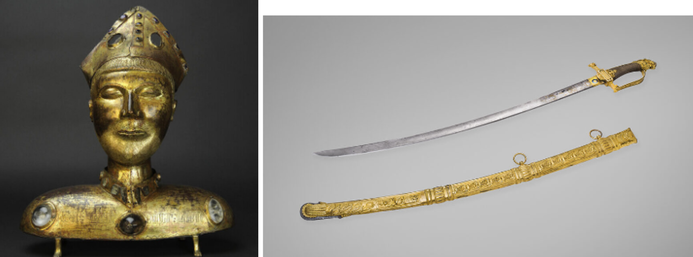 Buste reliquaire de saint Blaise, cuivre repoussé, XIIIe siècle. Inv. 18120. Cliché D. Molinier/ Par le fourbisseur Deheque, à Lingenthal, bronze, acier doré, damasquiné, 1793, inv. 12173. Cliché F. Pons